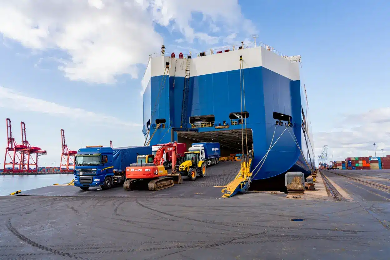 Trucks and commercial vehicles boarding a RoRo ship for Africa